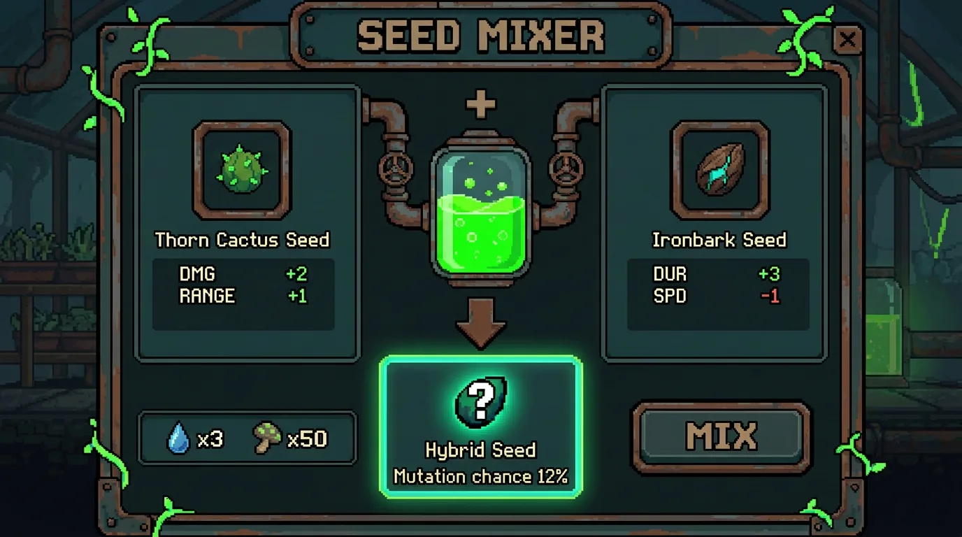 Seed Mixer: Thorn Cactus Seed plus Ironbark Seed mixing into a hybrid seed with a 12% mutation chance